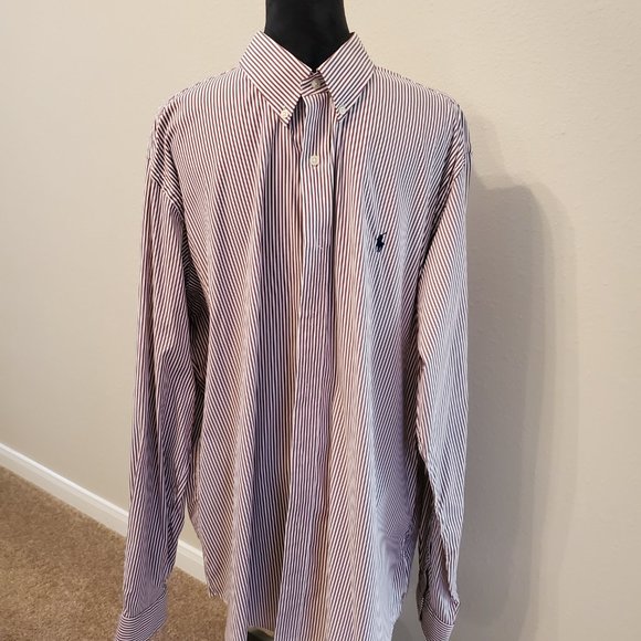 Ralph Lauren classic fit long sleeves brown/white custom fit-striped men shirt. - Picture 8 of 15